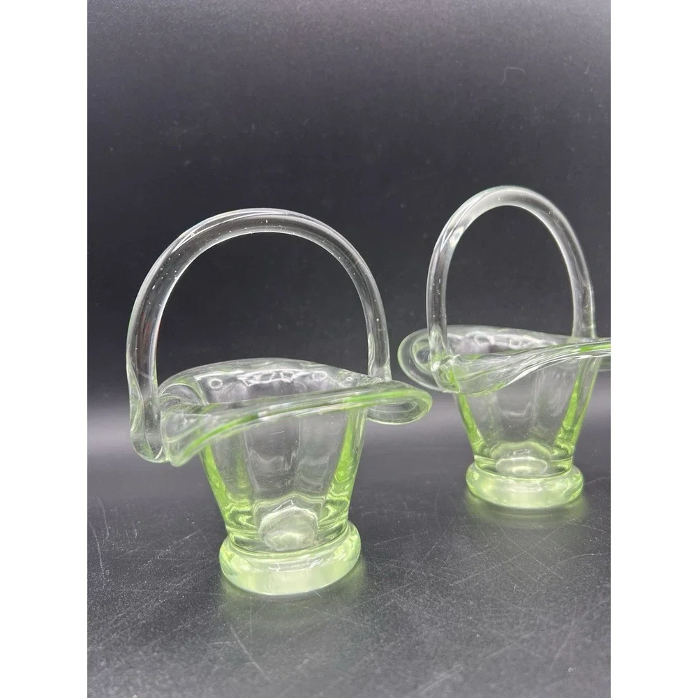 Lot Of 2 Vintage Green Small Glass Basket Candy Dish
